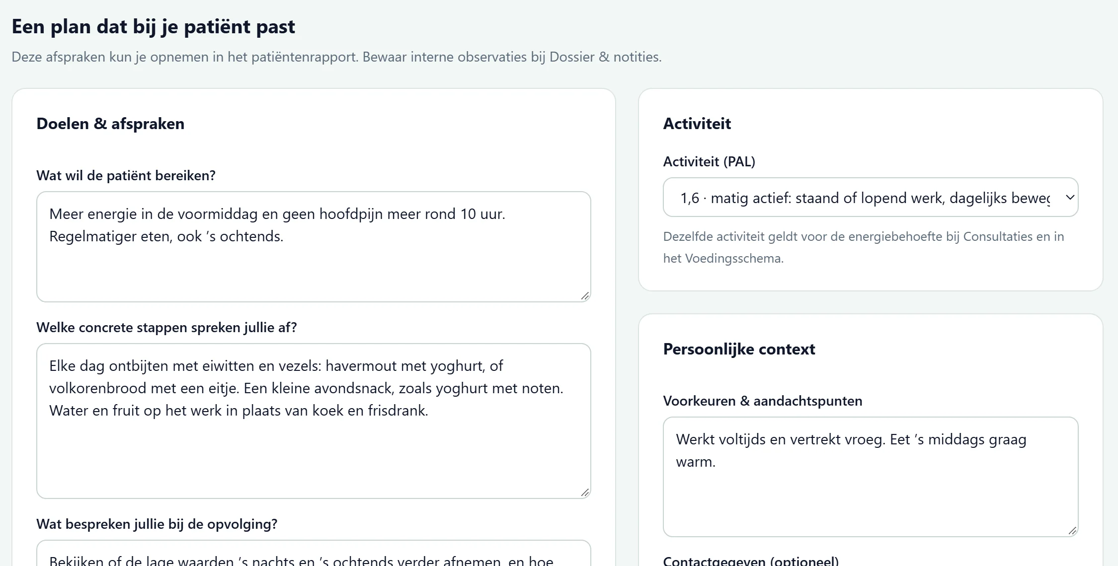 Het begeleidingsplan in NutriIQ: wat de patiënt wil bereiken, de afgesproken stappen, de activiteit (PAL) en de persoonlijke context